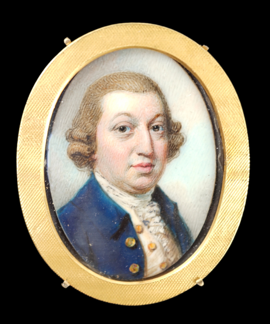 English School circa 1790, Portrait miniature of a gentleman wearing a blue coat, watercolour on ivory, 3.4 x 2.4cm. CITES Submission reference DWHW2G82